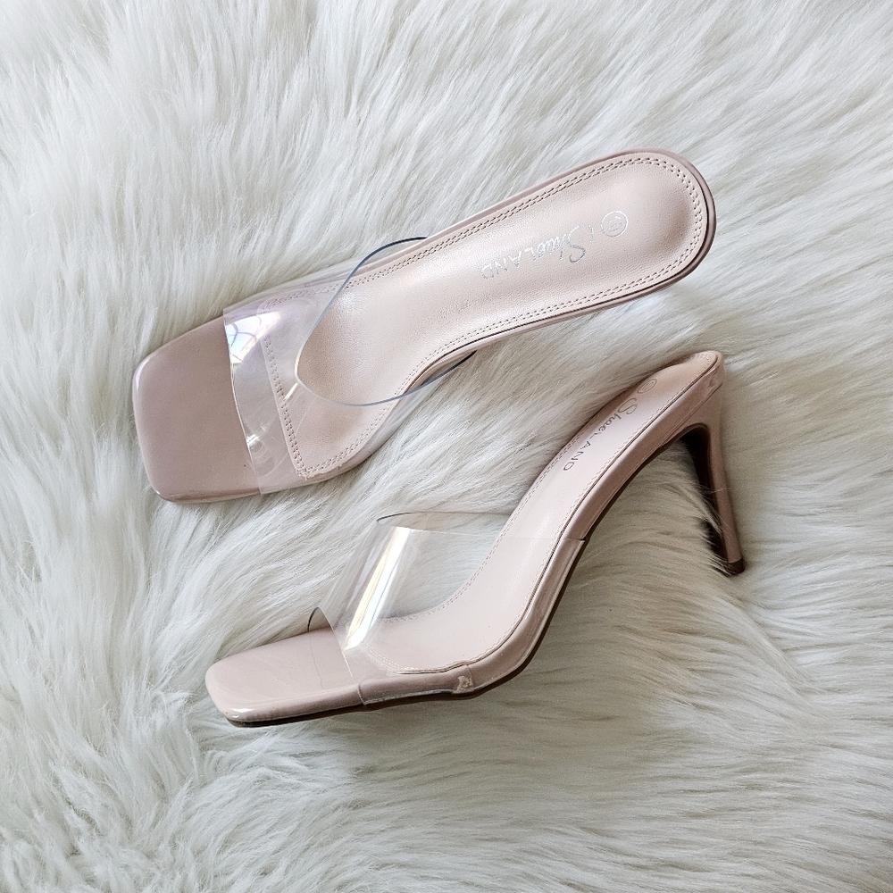 ShoeLAND Clear Square Toe High Heels Sandals Transparent Strap Slip On Mules, 10